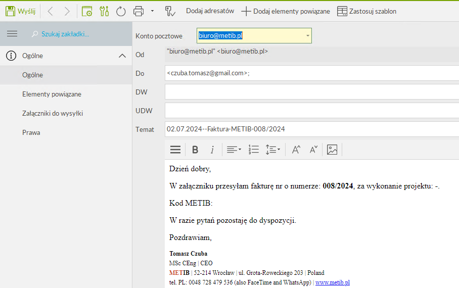 Okno wiadomości e-mail z załączonym dokumentem PDF